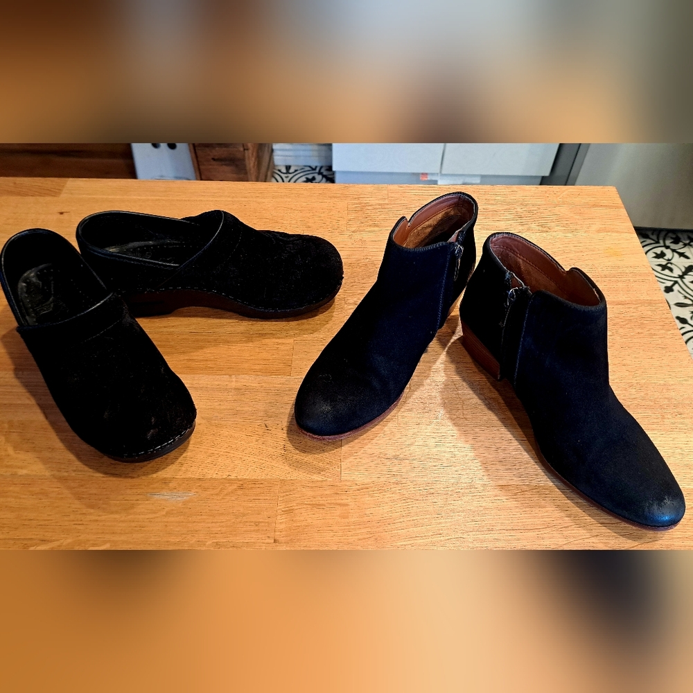 Sleek Black Suede and Velvet Dansko sz 37 Clogs & Sam Edelman booties sz 7